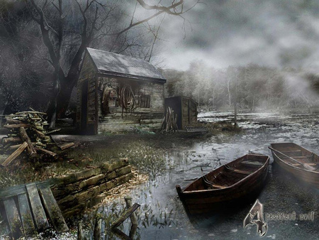 Resident evil - house, resident evil boat, ship, scary, misty, nature, horror, lake, video games