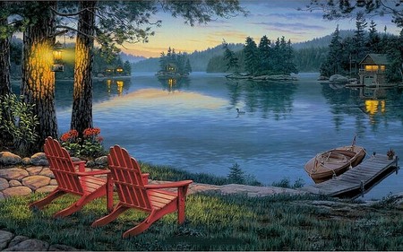 lake - house, trees, nature, boat, lake, light