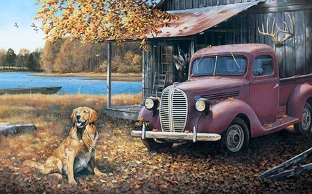 Truck - nature, car, dog, lake house, tree, animals