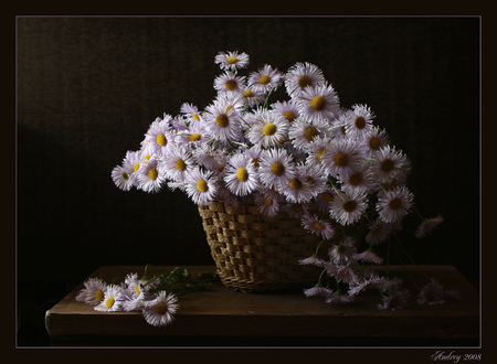 still life 1 - wooden table, beautiful, wild flowers, basket, still life