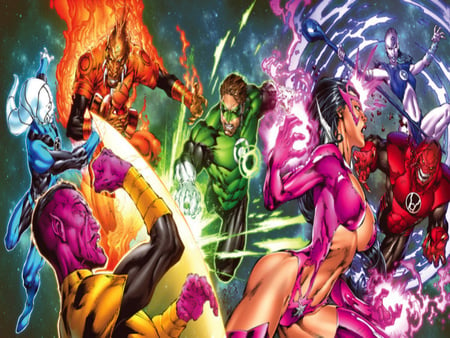 the lanterns core - dc, red, pink, black, comic book, yellow, blue, lantern, green