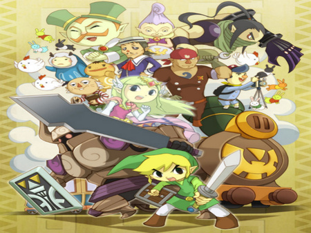 the gang - train, shield, sword, link goron, nintendo, zelda