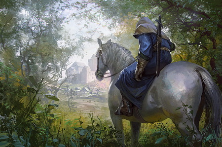 Scout - abstract, warrior, forest, horse, knight, village, fantasy, scout, wallpaper