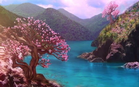 CHERRY BLOSSOM HILL - hill, trees, blossoms, water, blue, cherry, mountains, pink