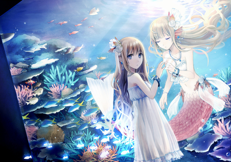 on the other side (cant reach) - fsh, younge, water, 2girls, pretty, seaplant, creatures, human, brunette, powers, tail, sad, bond, light, necklace, closed eyes, animemermaid, alone, bow, blue, pink, bacelet, blonde