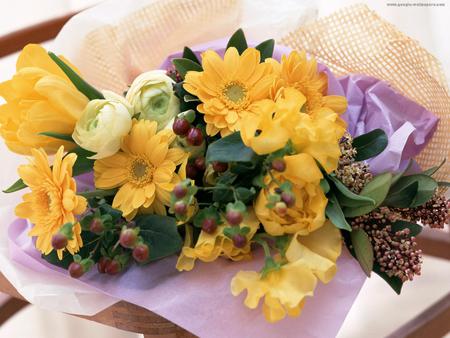 charming bouquet - tulips, bouquet, still life, white, peonies, purple, yellow, beautiful, charming, daisies