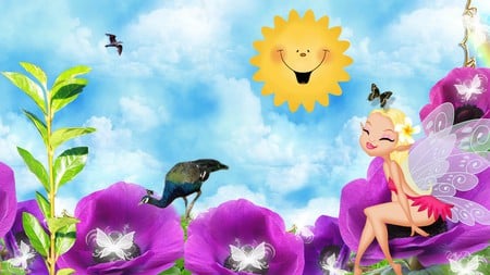 Cute Fairy - kids, birds, children, plant, flowers, fairy, cute, sun, sky