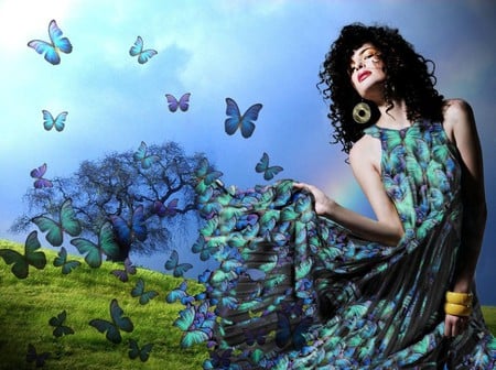 BUTTERFLIES ARE FREE - free, female, butterflies, dress, tree, sky