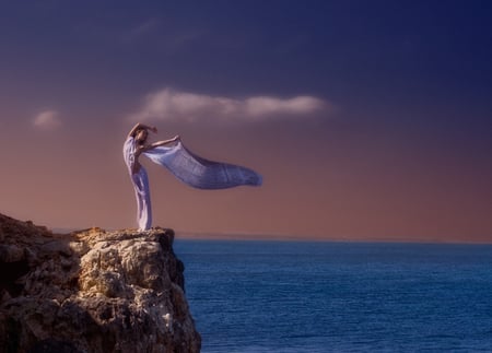 WINDSWEPT - sky, ocean, female, mountain, clouds, windswept