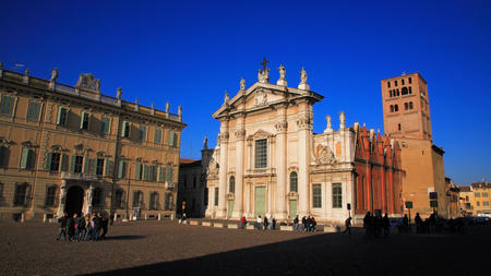 Cathedral Of San Pietro - people, blue, beautiful, piazza, buildings, architecture, cathedral, sordello, nature, mantova, san pietro, italy, monuments, sky