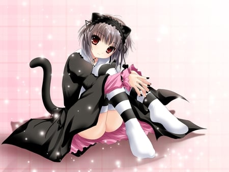 stripes - tail, ears, black dress, neko, girl, anime, cute