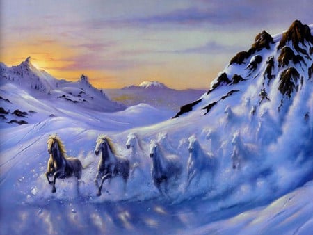 winter horses - fantasy, winter, horses, animals