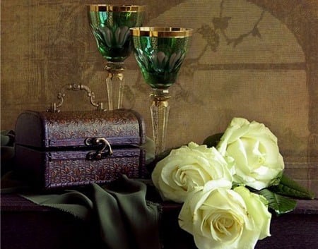 Goblets - purse, roses, green goblets, flowers, white roses, still life, green fabric