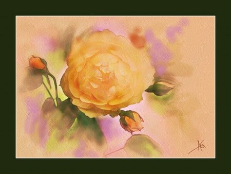 The Beauty of a Single Rose - yellow, painting, buds, rose, leaves