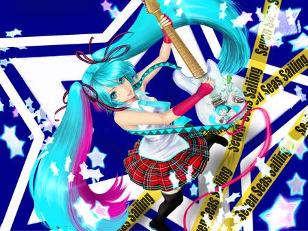 Rockstar Miku - aqua, guitar, hot, rockstar, thighhighs, music, anime girl, white, yellow, cool, aqua eyes, skirt, sexy, light, song, hartsune miku, vocaloids, glow, program, vocaloid, beautiful, diva, nice, caution line, beauty, twintail, singer, aqua hair, black, virtual, pretty, idol, anime, cute, stars, girl, hatsune, red, blue, tie, awesome