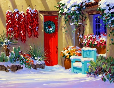 Surprise - flowers, house, blue shuttesr, wreath, cacti, red door, snow, bench