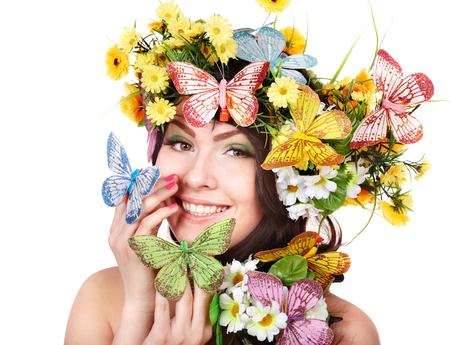 Girl - butterflies, eyes, gentle, happy, flowers, face, nice, brunette, beautiful, photography, girl, colors, cool, flower, bouquet, harmony, smile, lips, lady, woman, model, makeup