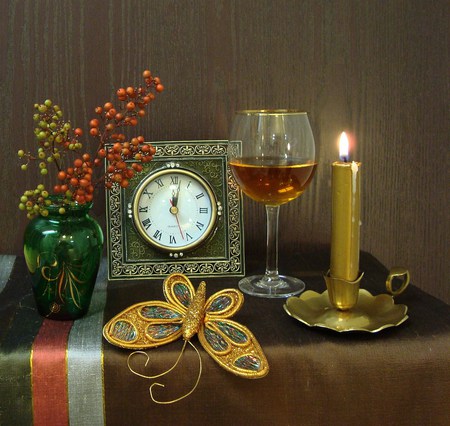 still life - nice, photography, still life, cool, clock, old, harmony, drink, candle, glass, vase, gold, butterfly, beautiful, photo, candlestick, elegantly