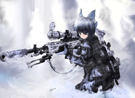 Silent in the Snow - soldier, warrior, blue, snow, dark, suit, white, blue hair, weapon