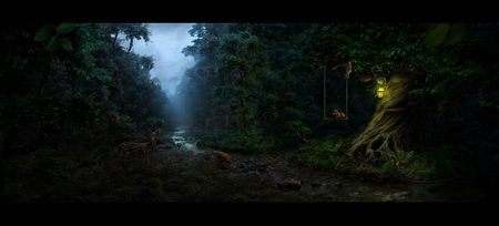 Magical Forest - abstract, river, fantasy, lamp, squirrels, forest, hind, wallpaper