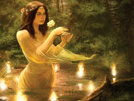 magical forest - abstract, girl, beauty, forest, elf, fantasy, rose, candles, lake, wallpaper