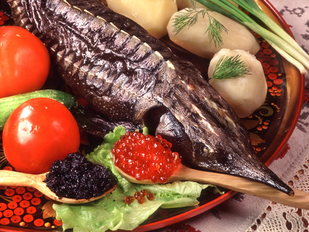 Russian Deli For All My Friends - spoon, black caviar, caviar, red caviar, delicious, russian, wood, sturion, fish, food, deli