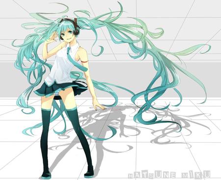 Hatsune Miku - tie, pretty, uniform, headphones, name, nice, program, thighhighs, beauty, virtual, white, gray, cute, song, vocaloid, anime, twintail, hatsune miku, microphone, music, aqua, idol, anime girl, skirt, beautiful, singer, girl, cool, black, miku, diva, hatsune, vocaloids, aweosme, headset