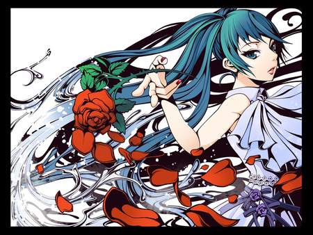 Hatsune Miku - roses, water, hatsune, pail, red, petals, green, ribbon, miku, dress