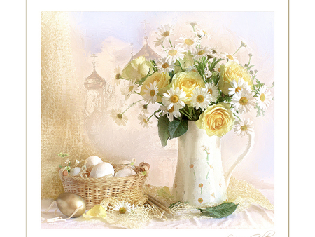 Easter still life - eggs, vase, yellow, beautiful, still life, easter, flowers, basket, white