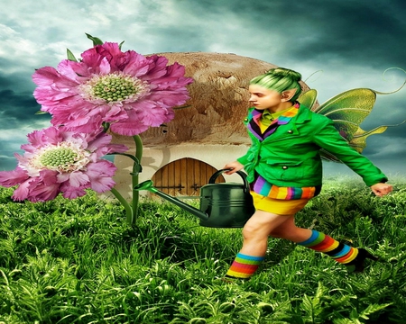 ELF ON DUTY - plants, digital, flowers, field, spring, elf, waterinbg, art