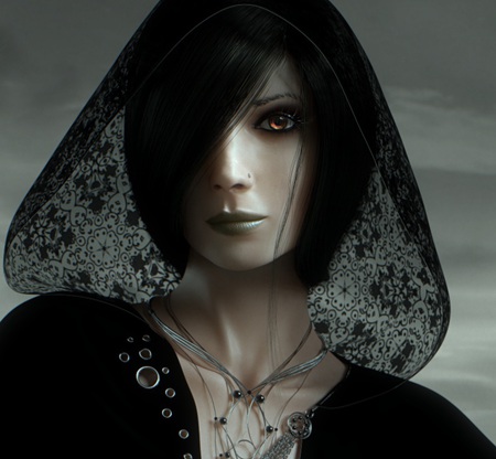 Crow - abstract, female, artwork, necklace, hood, detailed, cg