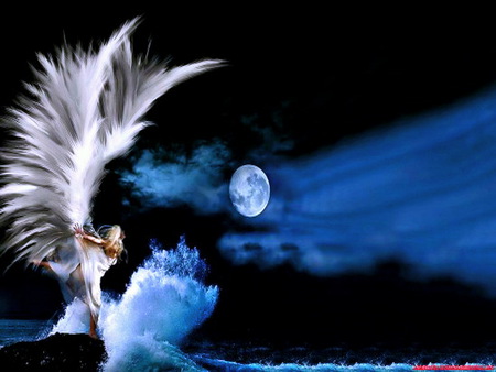 Ocean fairy - fairy wings, moon, ocean, night, waves, blue