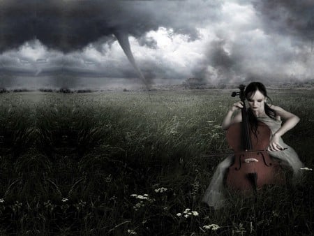 THE LAST SONG - tornado, lady, chelio, clouds, field, instrument, storm