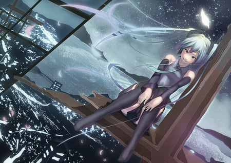 Hatsune Miku - aqua, music, anime girl, white, art, cool, dark, digital art, petals, aqua eyes, hatsune miku, construction, skirt, lake, song, buildings, skyscrapers, vocaloids, program, vocaloid, beautiful, uniform, diva, beauty, nice, sky, twintail, singer, blue sky, aqua hair, black, virtual, painting, pretty, aristic, clouds, idol, white clouds, anime, miku, cute, feathers, girl, drawing, hatsune, gray sky, city, tie, awesome, steel, digital, gray