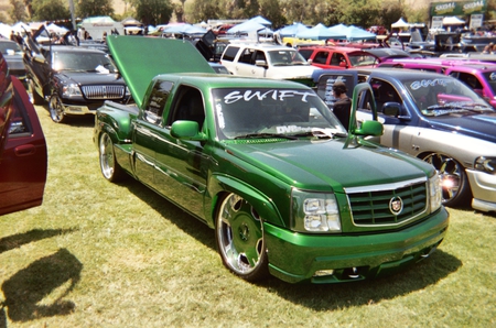 GREEN CHEVY W/CADILLAC FRONT END - truck, pickup, green, classic, show, custom, chevy, outside