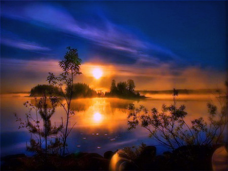 Blue and Gold - water, reflections, blue sky, trees, sunset