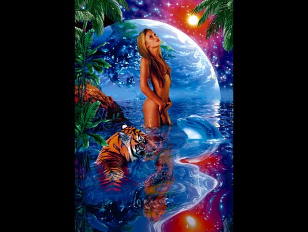 JUNGLE DREAM - moon, fantasy, female, water, dolphin, jungle, stars, tiger