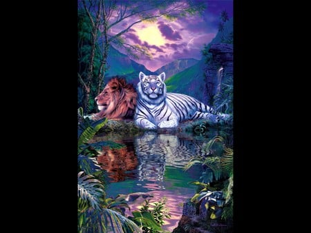 KINGS AT PEACE - trees, water, kings, tiger, fantasy, jungle, cats, lion, mountains, peaceful, sky