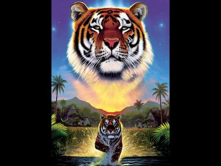 PRINCE OF THE LAKE - trees, jungle, cats, lake, mountains, tigers, sky