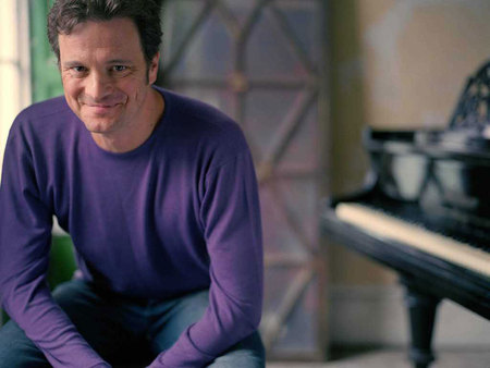 Colin Firth - male, piano, actor, smile, purple sweters