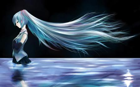 Hatsune Miku - tie, pretty, light, uniform, hope, nice, program, beauty, virtual, white, cute, aqua eyes, song, vocaloid, anime, twintail, hatsune miku, shiny, music, aqua, purple, idol, moon, anime girl, skirt, water, beautiful, singer, girl, cool, black, glow, miku, awesome, diva, teal, aqua hair, hatsune, vocaloids