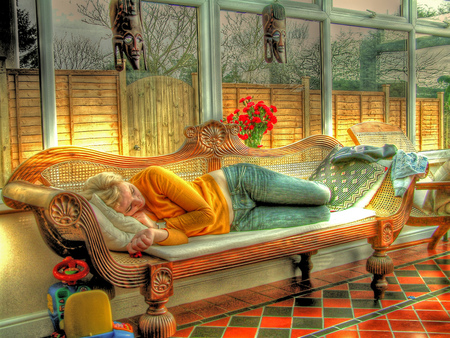 Silence rest - silence, room, light, flowers, hdr, sky, women, abstract, trees, sofa, windows, girl, colors, floor, rest, masks, colorful, tranquility, sleep, lady