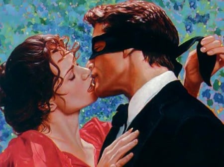 Behind the mask - sensual, romantic, embrance, portrait, romance, love, mask, painting, kiss, couple, hug