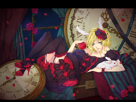 vocaloid - rabbit, vocaloid, thighhighs, clock, apple, rose, dress, flowers kagamine-rin