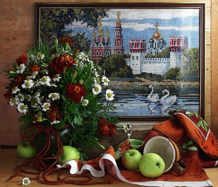 Still Life - flowers, vase, pretty, apples, colors, still life, wild flowers