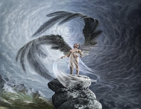 ANGELS ROCK - woman, sky, feathers, angel, female, wings, storm, splendor, rock