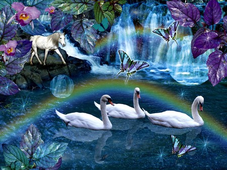 SWAN DAYDREAM - swans, waterfall, rainbow, pond, butterflies, reflection, horse