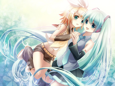 Rin and Miku - vocaloid, kagamine rin, anime, female, hatsune miku