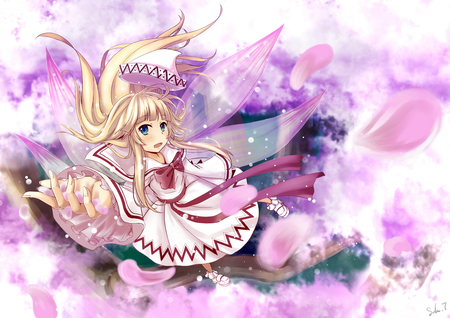 Falling - clouds, anime, girl, long, pink, sweet, hair, flowers, fall, fly, wings, butterfly, cute, sky