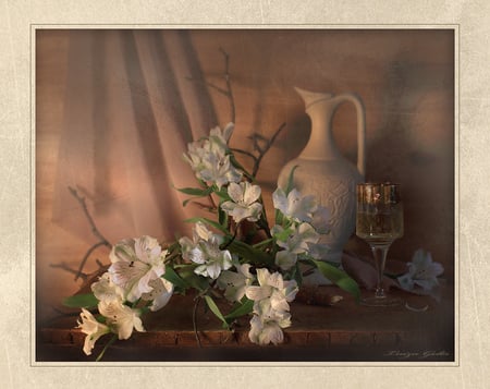 Refinement - flowers, vase, silk, wineglass, table, glass